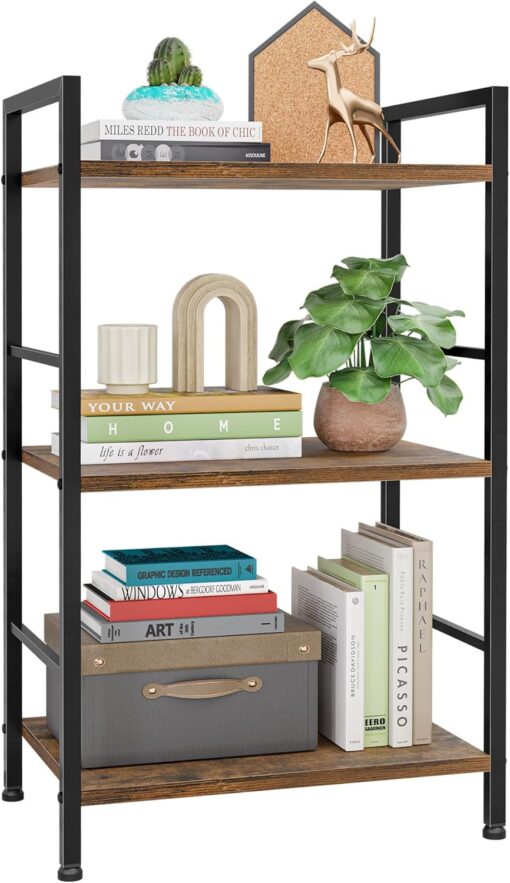 Kitsure 3-Tier Book Shelf – Wood & Metal Bookshelf with Handle & Adjustable Feet, Lightweight Bookcase for Living Room, Bedroom, Kitchen, Office or Dorm (16.5″×11.0″×28.1″)