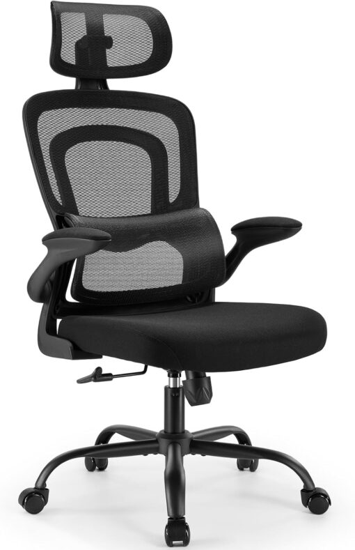 Marsail Office Chair Ergonomic-Desk Chair: High Back Mesh Office Chair with Lumbar Support,Flip-Up Armrests&2D Headrest,Gaming Chair with Rocking Tilt, Swivel Computer Task Chair for Long Hours