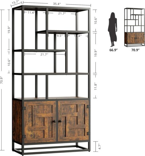 IRONCK Bookshelves and Bookcases, 35.4in Wide Book Shelf with Doors, 6 Tier Tall Bookshelf Geometric with Storage Cabinet and Storage Shelves for Living Room, Office