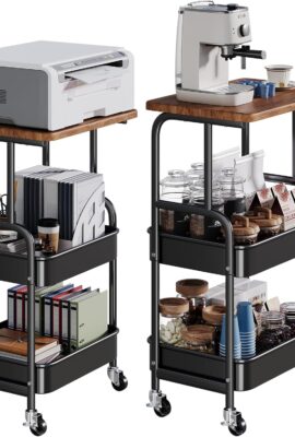 Printer Stand with Wheels and Storage Shelf, 3 Tier Rolling Cart with Wood Table Top, Small Metal Desk Utility Carts, 3D Printer Table on Wheels, Craft and Art Cart Organizer for Kitchen, Office