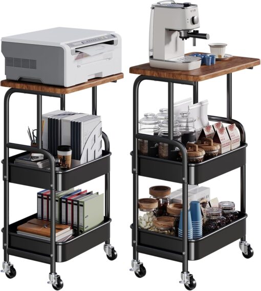 Printer Stand with Wheels and Storage Shelf, 3 Tier Rolling Cart with Wood Table Top, Small Metal Desk Utility Carts, 3D Printer Table on Wheels, Craft and Art Cart Organizer for Kitchen, Office