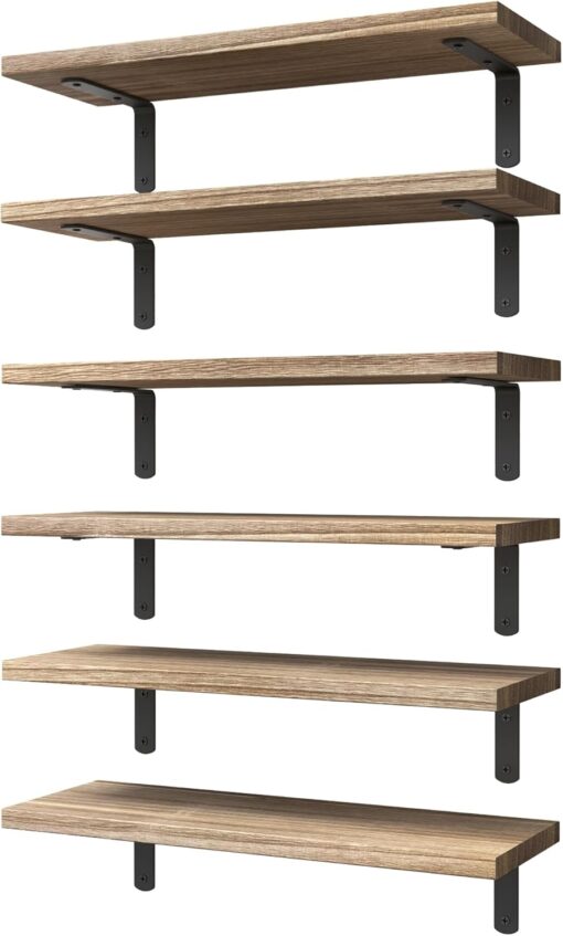 WOPITUES Wood Floating Shelves Set of 6, Shelves for Wall Decor, Farmhouse Shelf for Bedroom, Bathroom Storage Shelves, Book Shelves for Living Room – Rustic Brown