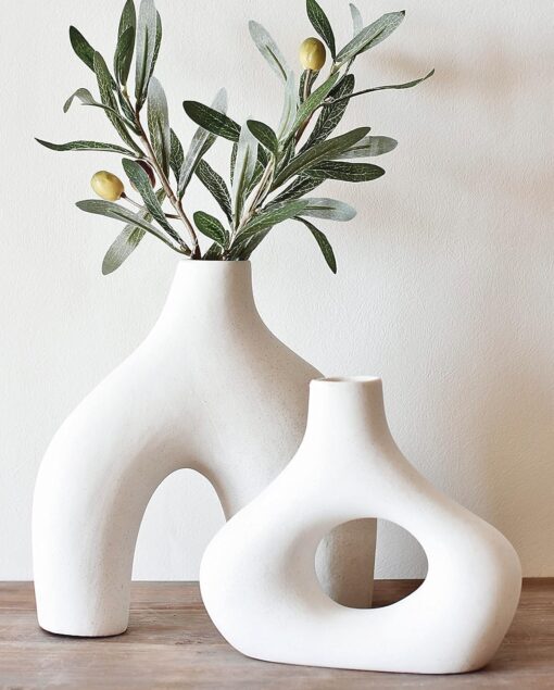 Carrot’s Den Donut Vase, Set of 2 – White Large Ceramic Vase – Minimalist Nordic, Hollow | Table Centerpiece, Olive Plant, Wedding, Living Room, Bookshelf, Office, Modern Home, Entryway, Console