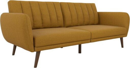 Novogratz 82 Inch Futon Sofa Bed in Faux Leather, Upholstered Couch Sleeper with Tufted Back, Mid-Century Modern Design, Mustard