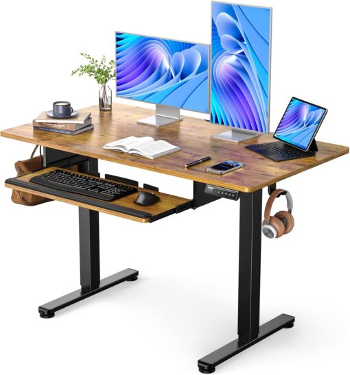 ErGear Electric Standing Desk with Full Size Keyboard Tray, Adjustable Height Sit Stand Up Desk, Home Office Desk Computer Workstation, 48×24 Inches, Vintage Brown