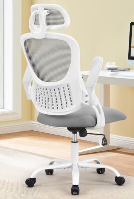 Sweetcrispy Home Office Desk Chair, Ergonomic High-Back Mesh Rolling Work Computer Chairs with Wheels and Adjustable Headrests, Comfortable Lumbar Support, Comfy Flip-up Arms for Bedroom, Study, Grey