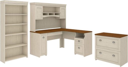 Bush Furniture L Shaped Desk with Hutch, 5 Shelf Bookcase and Lateral File Cabinet | Fairview Collection Corner Computer Table with Bookshelf and Storage | 60Wx60Dx69H