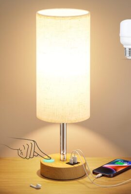 Dicoool Touch Bedside Table Lamp with USB – 3 Way Dimmable Wood...