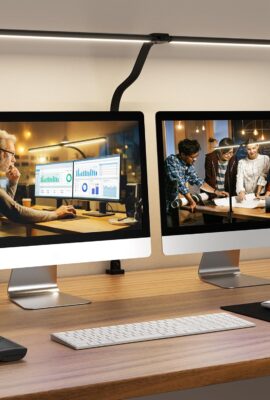 LED Desk Lamp for Home Office, 24W Computer Desk Light with Remote Control, Bright Table Lamp with Clamp Dimmable Tall Desktop Lighting with Bendable Gooseneck, Double Head, Black