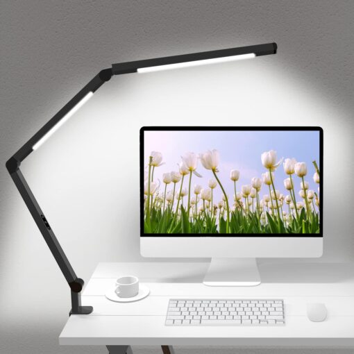 LED Desk Lamp with Clamp, Architect Desk Lamp with Dual Light and Adjustable Swing Arm, Clip-on Eye-Care 4 CCT Modes & 5 Brightness Levels Table Light Modern Computer Lighting for Home Office