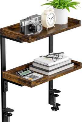 Clamp On Desk Shelf 2-Tier, 12.5 inche Wood Shelving Unit for Office Desk/Gaming Accessories, Tabletop Book Storage Rack, Shelf for Top & Under of Desk, Brown