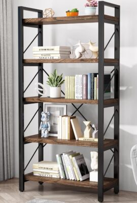 5 Tier Bookshelf Rustic Solid Wood Industrial Style Bookcase,Metal... 5 Tier Bookshelf Rustic Solid Wood Industrial Style Bookcase,Metal...