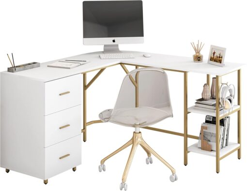 Techni Mobili L Shaped Desk – Two-Toned Computer Desk with Drawers & Storage Shelves – Simple Modern Furniture & Home Office Space Corner Table for Work & Writing