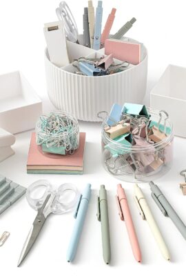 Kosiz Aesthetic Desk Organizers and Accessories Set 360-degree Rotating Pen Holder Desk Holder Morandi Pen Sticky Notes Stapler Binder/paper Clips Scissor Staples Aesthetic Accessories for Women Men