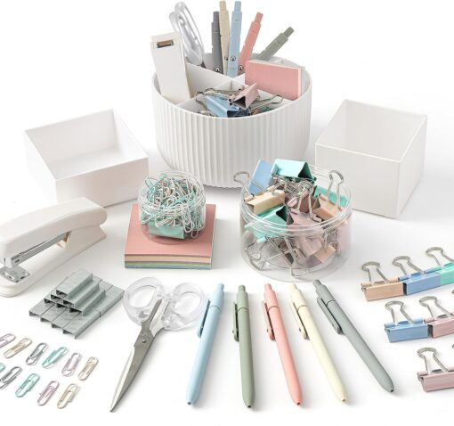 Kosiz Aesthetic Desk Organizers and Accessories Set 360-degree Rotating Pen Holder Desk Holder Morandi Pen Sticky Notes Stapler Binder/paper Clips Scissor Staples Aesthetic Accessories for Women Men