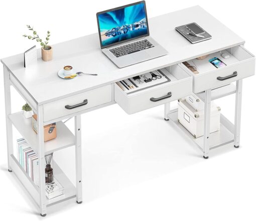ODK Office Small Computer Desk: Home Table with Fabric Drawers & Storage Shelves, Modern Writing Desk, White, 48″x16″