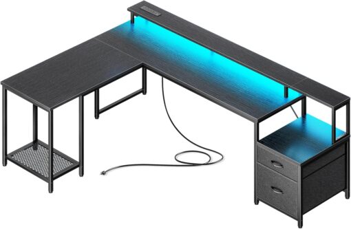 PRAISUN 66″ L Shaped Gaming Desk with LED Lights & Power Outlets, Computer Desk with Fabric Drawers and Print Stand, Corner Office Desk, Monitor Stand, Mesh CPU Stand, Black