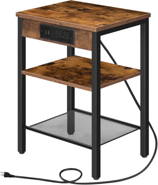 HOOBRO Side Table with Charging Station and USB Port, Small End Table for Small Space, 3-Tier Nightstand with Adjustable Shelf, for Living Room, Bedroom and Balcony, Rustic Brown BF112BZ01
