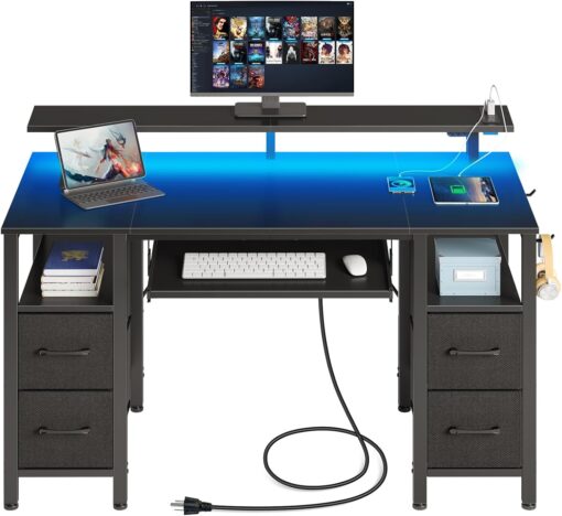 Seventable Computer Desk 47.2″ with LED Lights & Power Outlets, Home Office Desk with 4 Drawers, Writing Desk with Keyboard Tray, Study Table with Monitor Stand, Work Desks for Home Office, Black