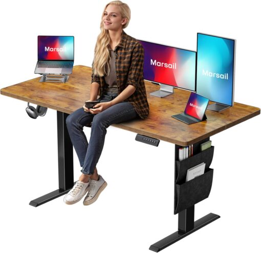 Marsail Electric Adjustable Height Standing Desk with Storage Bag, 55 * 24″ Sit Stand Up Deskfor Home Office,Computer Gaming Workstation, 4 Memory Height Settings,Cable Manager, and Headphone Hook