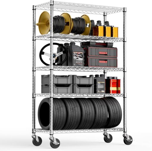 5-Shelf Storage Shelves,Wire Shelving Heavy Duty Metal Storage Shelving Unit Adjustable Garage Shelving Rack Pantry Kitchen (Chrome, 5 Tier,17.7″ D x 47.2″ W x 76.7″ H)