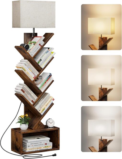 Evermagin 6 Tier Tree Bookshelf with Light, Narrow Bookcase Tower, Tall Floor Standing Book Organizer with Storage Cabinet for Living Room, Bedroom and Home Office, Rustic Brown