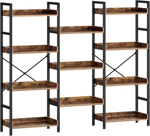 Rolanstar Bookshelf 4 Tiers with 4 Hooks, Triple Bookcase with Open Display Shelves, Industrial Wide Bookshelf with Metal Frame for Living Room, Office, Rustic Brown