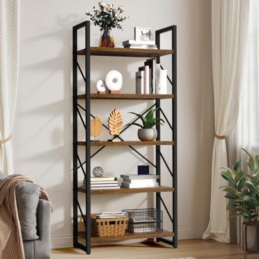 YITAHOME 5 Tiers Bookshelf, Artsy Modern Bookcase, Storage Rack Shelves Books Holder Organizer for Movies in Living Room/Home/Office – Rustic Brown