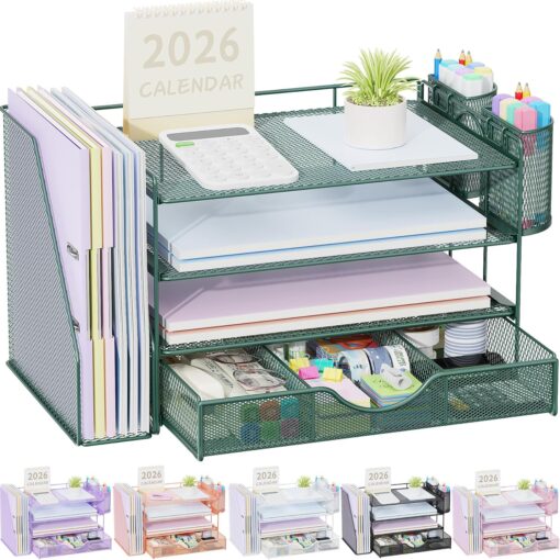 gianotter 4-Tier Desk Organizer with Drawers, File Holders, Letter Trays and Pen Holders – Workspace Accessories for Office Supplies (Green)