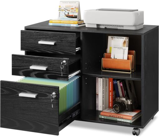 DEVAISE 3-Drawer Wood File Cabinet with Lock, Mobile Lateral Filing Cabinet, Printer Stand with Open Storage Shelves for Home Office, Black