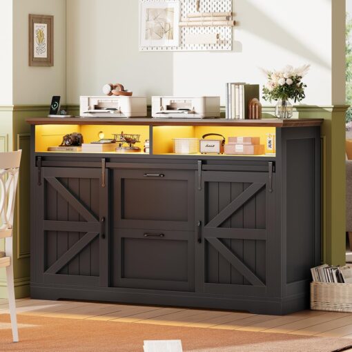 SEDETA 47.2″ File Cabinet, 2 Drawers Filing Cabinets for Home Office fit Legal/Letter/A4 File, Farmhouse File Cabinet with Barn Door & Power Outlets, Printer Stand with Storage & LED Lights, Black