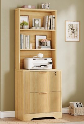 SEDETA 2 Drawer File Cabinet with Lock, Wood Filing Cabinet fits Letter, Legal, A4 Size, Hanging File Folders, Farmhouse File Cabinets for Home Office with Adjustable Storage Shelf, Natural Oak