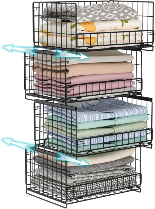 4-Tier Sliding Closet Organizers and Storage Shelves, Stackable Closet Shelf Organizer Basket Bins, Drawer Shelf Storage Container for Wardrobe Cupboard Kitchen Bathroom Office, Black