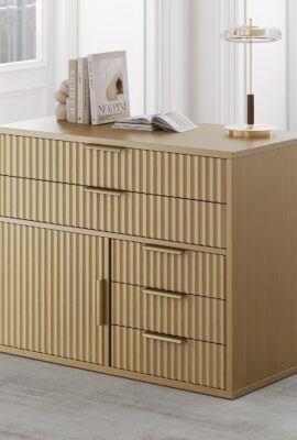 Fluted File Cabinet with 5 Drawers, Large Storage with Cabinet Door, Mobile Filing Cabinet with Locable Wheels for Home Office, Light Walnut