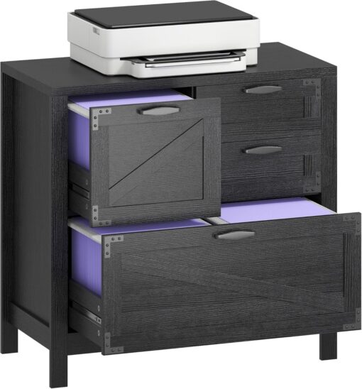 HOMCOM 4 Drawer File Cabinet, Farmhouse Lateral Filing Cabinet with Adjustable Hanging Rails for Letter/A4/Legal Size Files, Printer Stand for Home Office, Black