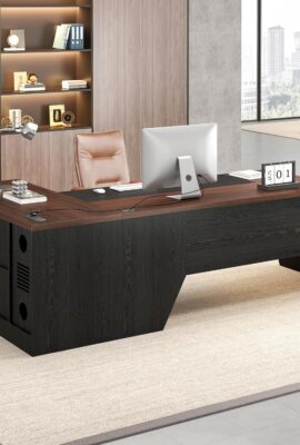 L-Shaped Executive Desk with Drawer, 78-Inch Large Home Office Desk with Cord Hold and Power Outlet, Modern Computer Table with Lateral File Cabinet,Open Shelf and PC Stand, Walnut Brown Black