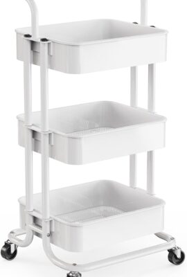 Pipishell 3 Tier Mesh Utility Cart, Rolling Metal Organization Cart with Handle and Lockable Wheels, Multifunctional Storage Shelves for Kitchen Living Room Office White