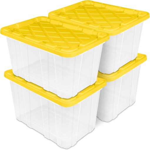 4-Pack 27 Gallon Clear Plastic Storage Bins, Reinforced Snap-Fit Lid, Heavy-Duty Industrial, Stackable, Tie-Down Ready, Dust-Resistant, for Closet, Office, Pantry, Basement & Home Organization
