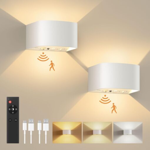 FULEN Motion Sensor Wall Light with Remote Control 3 Colors Wireless Wall Sconces LED Indoor Up and Down Wall Lamp 5000mAh Rechargeable Battery Powered Wall Lamps Brightness Adjustable, White 2 Pack