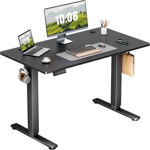 Sweetcrispy Standing Adjustable Height Desk, Electric 40 x 24 Inch Sit to Stand Up Rising Computer Gaming Table with 3 Memory Presets, Splice Board, T-Shaped Bracket Home Office Workstation, Black