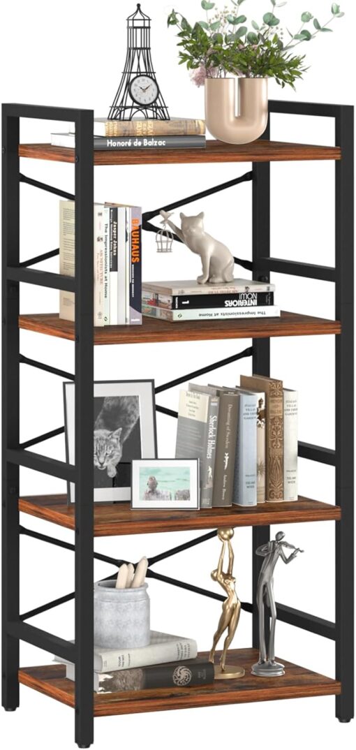 Yoobure 4 Tier Bookshelf – Small Book Shelf Industrial Bookcase, Narrow Book Case Book Storage Organizer for CD/Movie/Book, Bookshelves for Bedroom Office Living Room Berry Brown