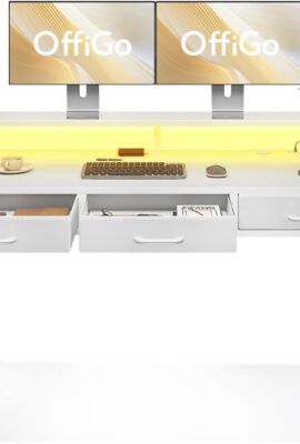 OffiGo Electric Standing Desk with Drawers, 55 Inch Height Adjustable Desk with Power Outlets & LED Lights, Sit Stand Table with Monitor Stand for Home, Office, Workstation, White