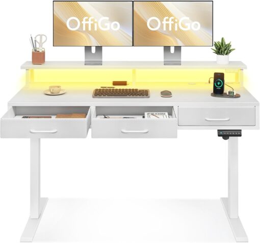 OffiGo Electric Standing Desk with Drawers, 55 Inch Height Adjustable Desk with Power Outlets & LED Lights, Sit Stand Table with Monitor Stand for Home, Office, Workstation, White