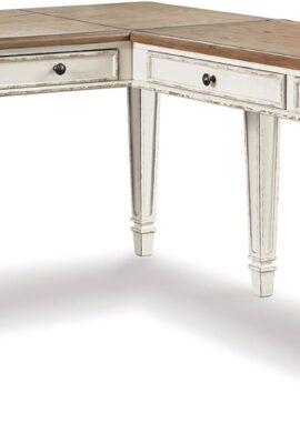 Signature Design by Ashley Realyn French Country 3-Drawer 2-Piece Home Office Desk with Spring Lift Top, USB Ports and AC Plug-Ins, Dark Brown & White