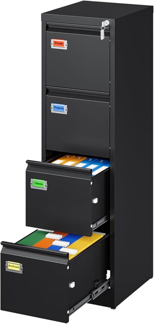 4 Drawer File Cabinet, Vertical Filing Cabinets with Lock, Metal File Cabinets for Home Office, Anti-Tip 4 Storage Drawers for Letter/Legal/A4/F4 Size (Assemble Required, Black)