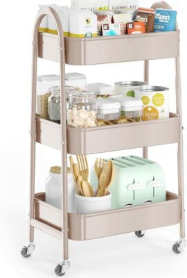 EAGMAK 3 Tier Utility Rolling Cart, Metal Storage Cart with Handle and Lockable Wheels, Multifunctional Storage Organizer Trolley with Mesh Baskets for Kitchen, Living Room, Office, Garage (Beige)