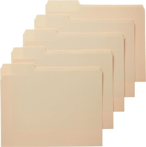 Amazon Basics Sturdy File Folders with Reinforced Tabs for Filing and Organization, 1/3-Cut Tab, Assorted Positions, Letter Size, 8.5×11 inches, Manila, 100-Pack