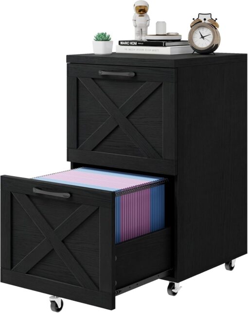 Vabches Farmhouse File Cabinet with 2 Drawers, Vertical Filing Cabinet on Wheels for Letter/A4 Size Hanging Files, Mobile File Cabinets Printer Stand for Home Office, Black