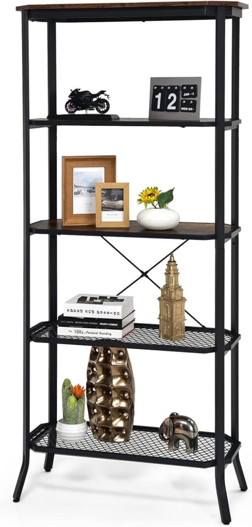 Tangkula 5 Tier Bookshelf, Freestanding Storage Shelving Unit with Steel Frame and Out-Stretched Legs, Industrial Open Display Shelf Plant Stand Organizer for Living Room Home Office