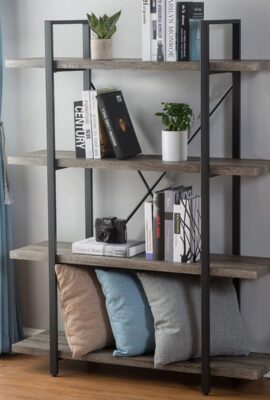 HSH 4-Shelf Vintage Industrial Bookshelf, Rustic Gray Wood...